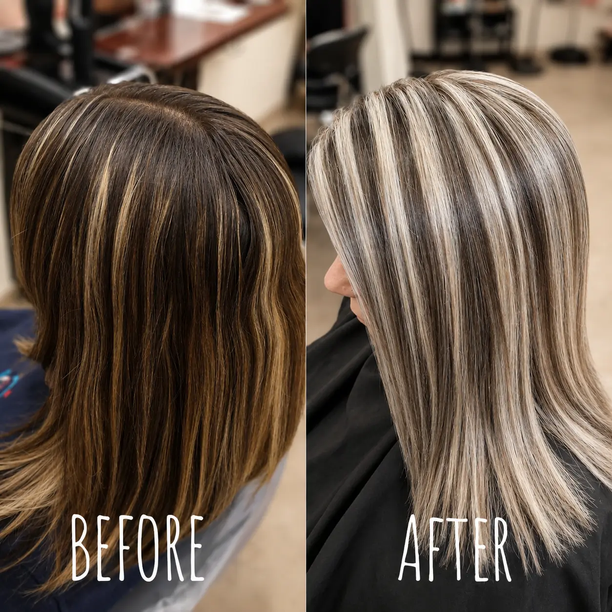 Before and after: warm brunette to icy blonde highlights