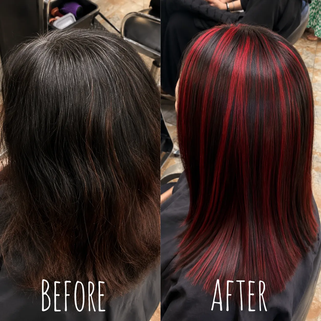 Before and after: dark hair with vivid red highlights