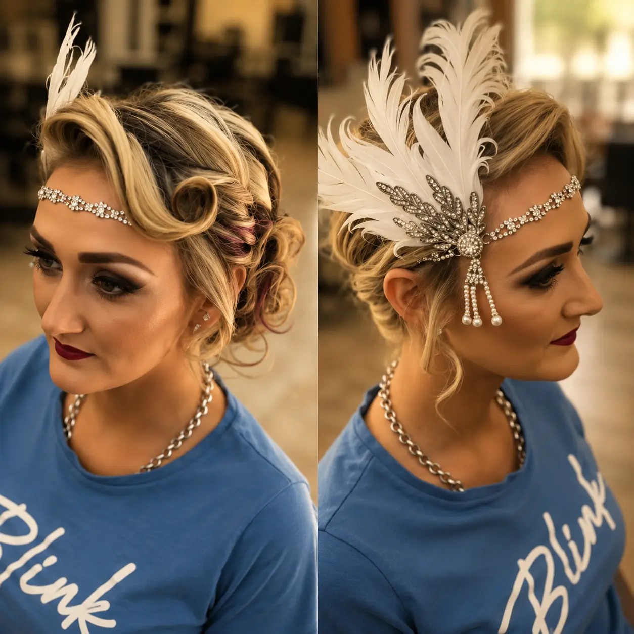 Vintage-inspired occasion updo with feather and crystal headpiece