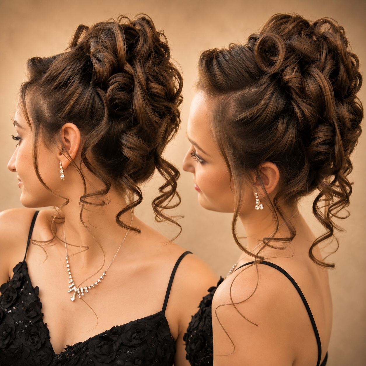Two brunette curled high updos styled for a formal event
