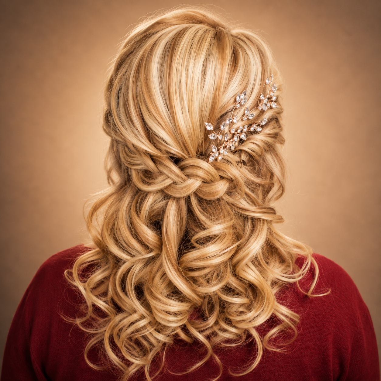 Half-up bridal style with braid detail and blonde curls