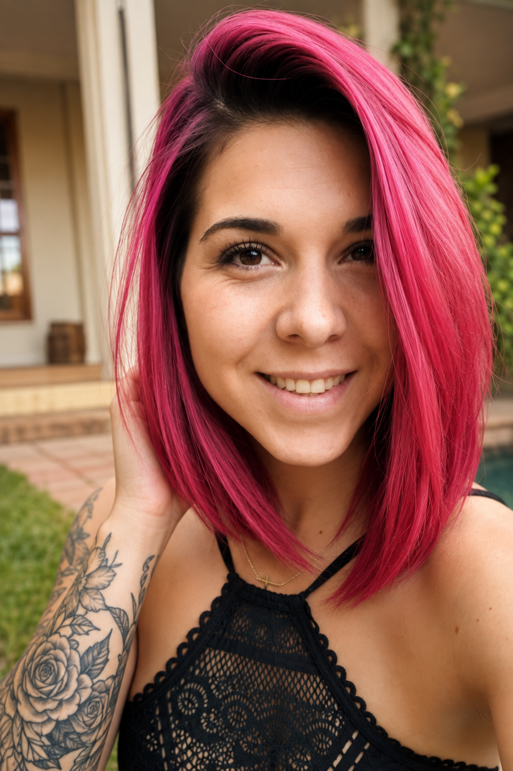 Vivid magenta pink long bob colour transformation