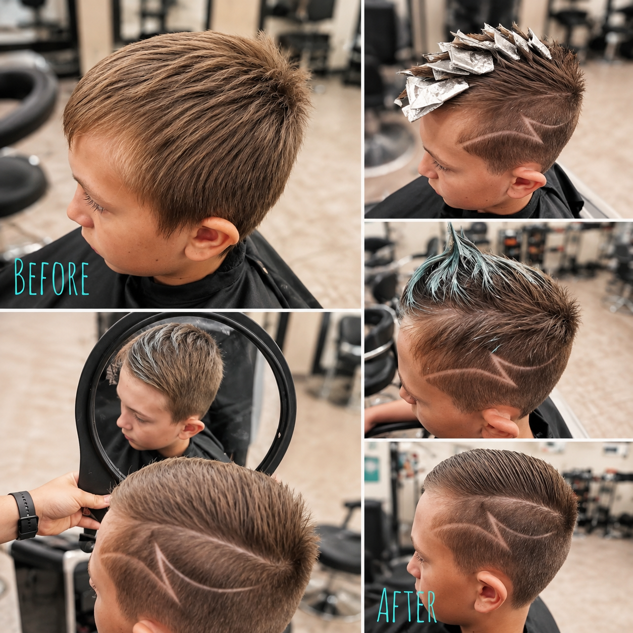 Kids' before and after cut with hair tattoo design and colour