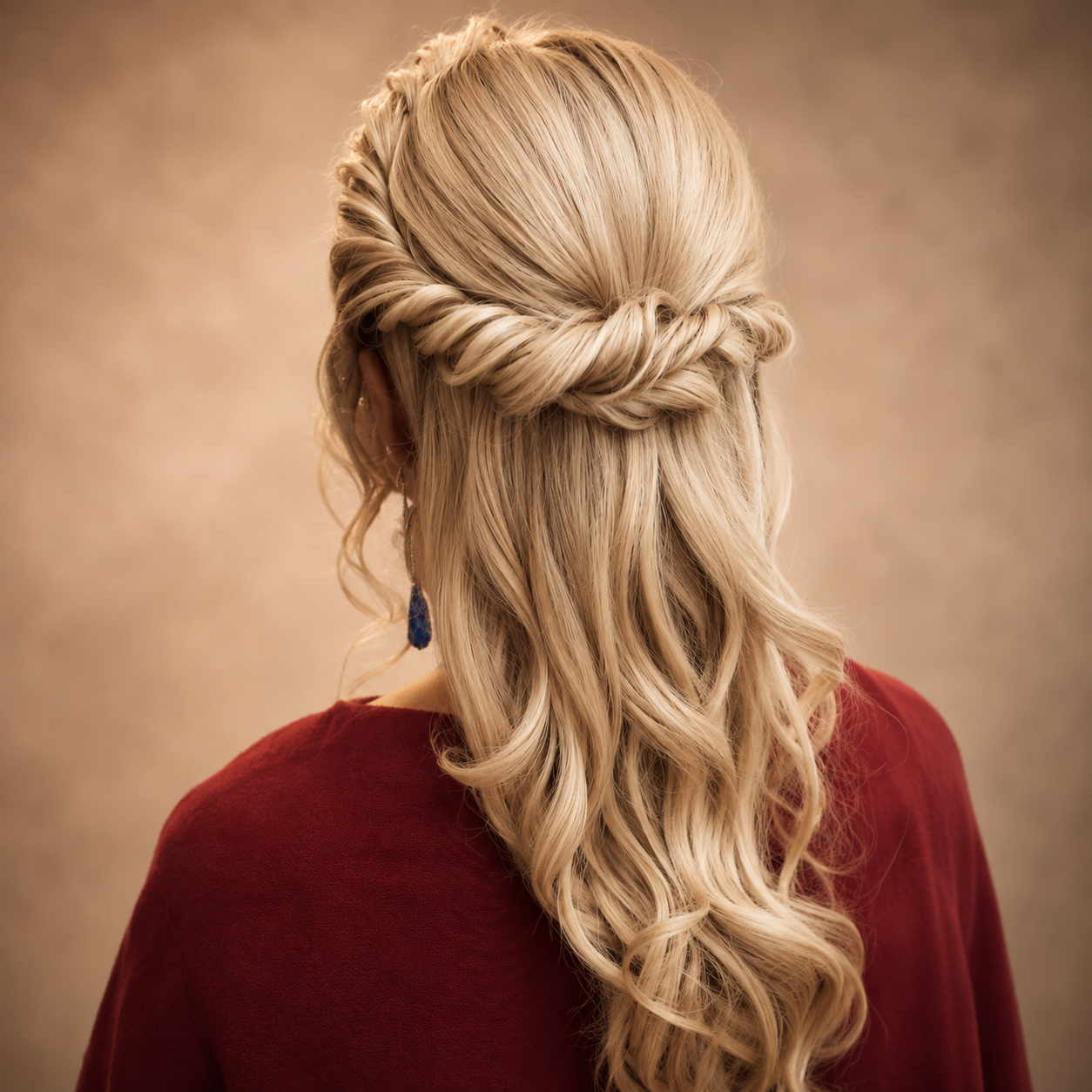 Half-up twisted blonde bridal style with soft loose curls