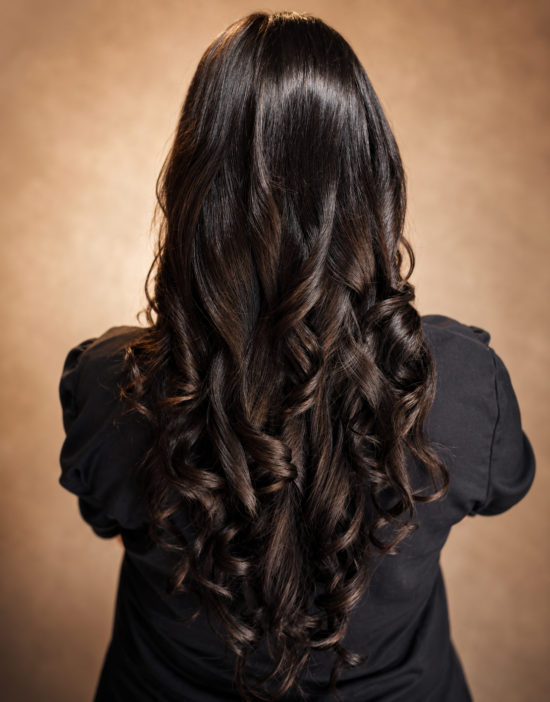 Glossy dark brunette hair with soft curls