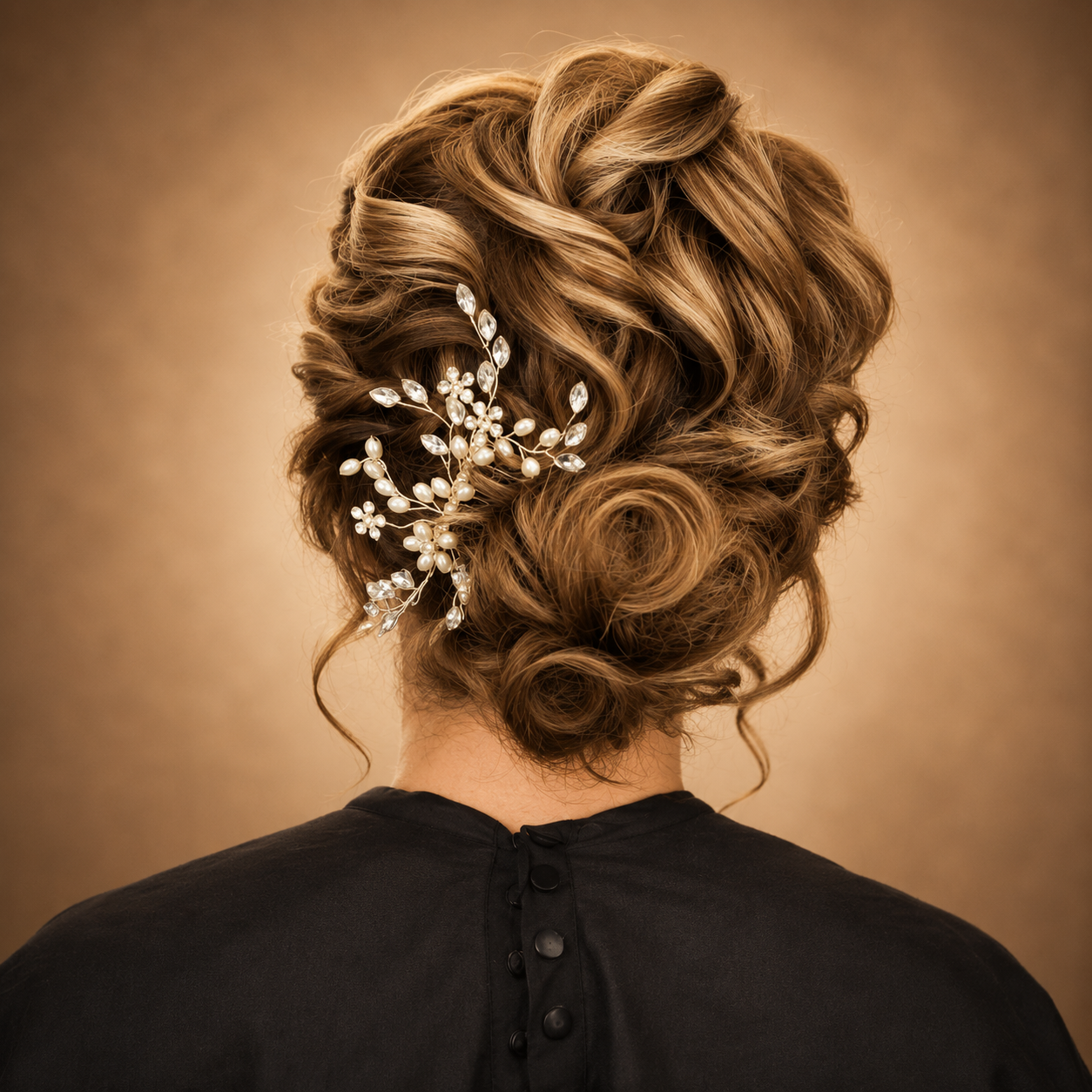 Romantic low bridal bun with pearl and crystal hairpiece