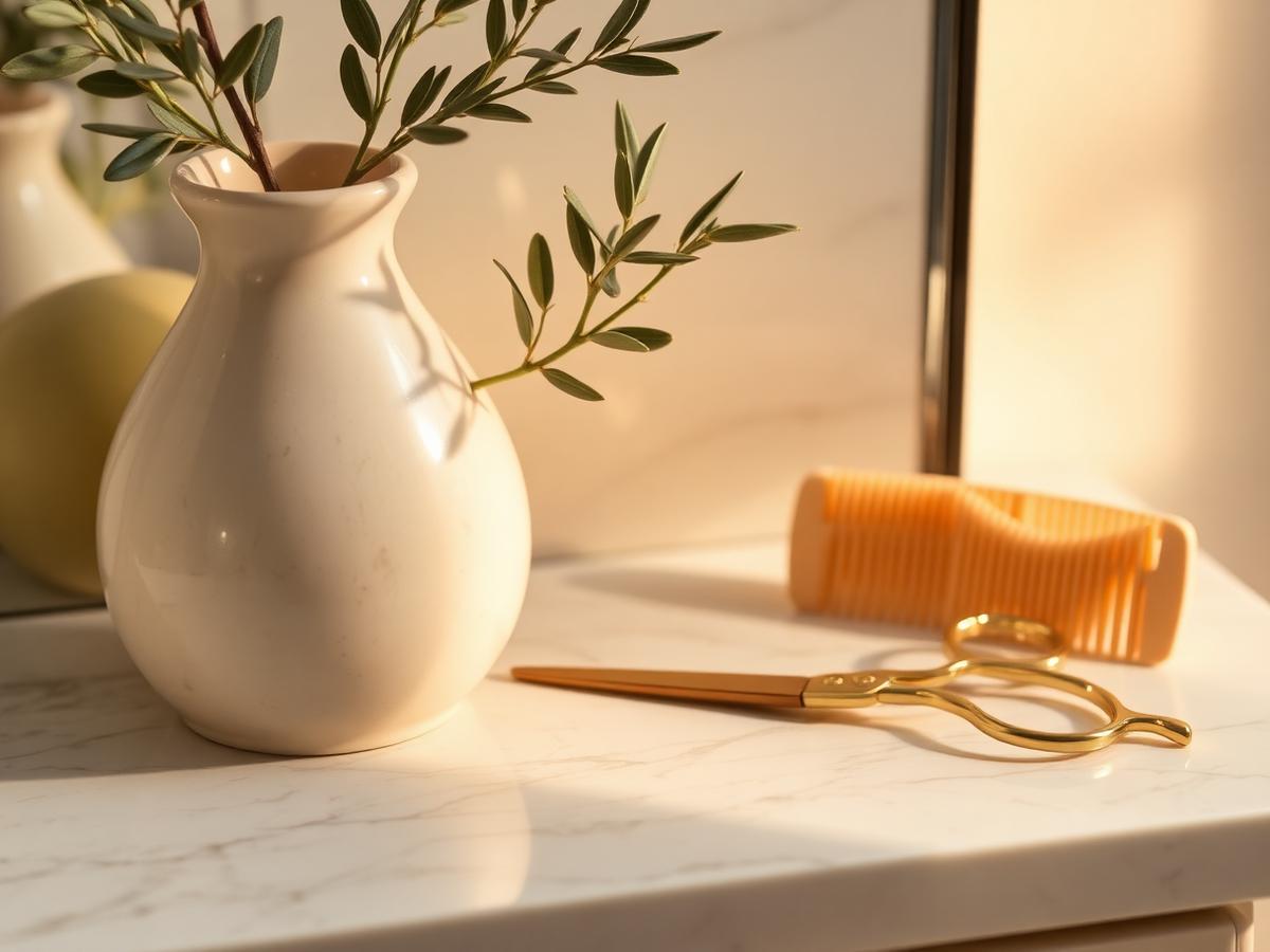 Gold scissors and an olive branch resting on a linen cloth in the studio