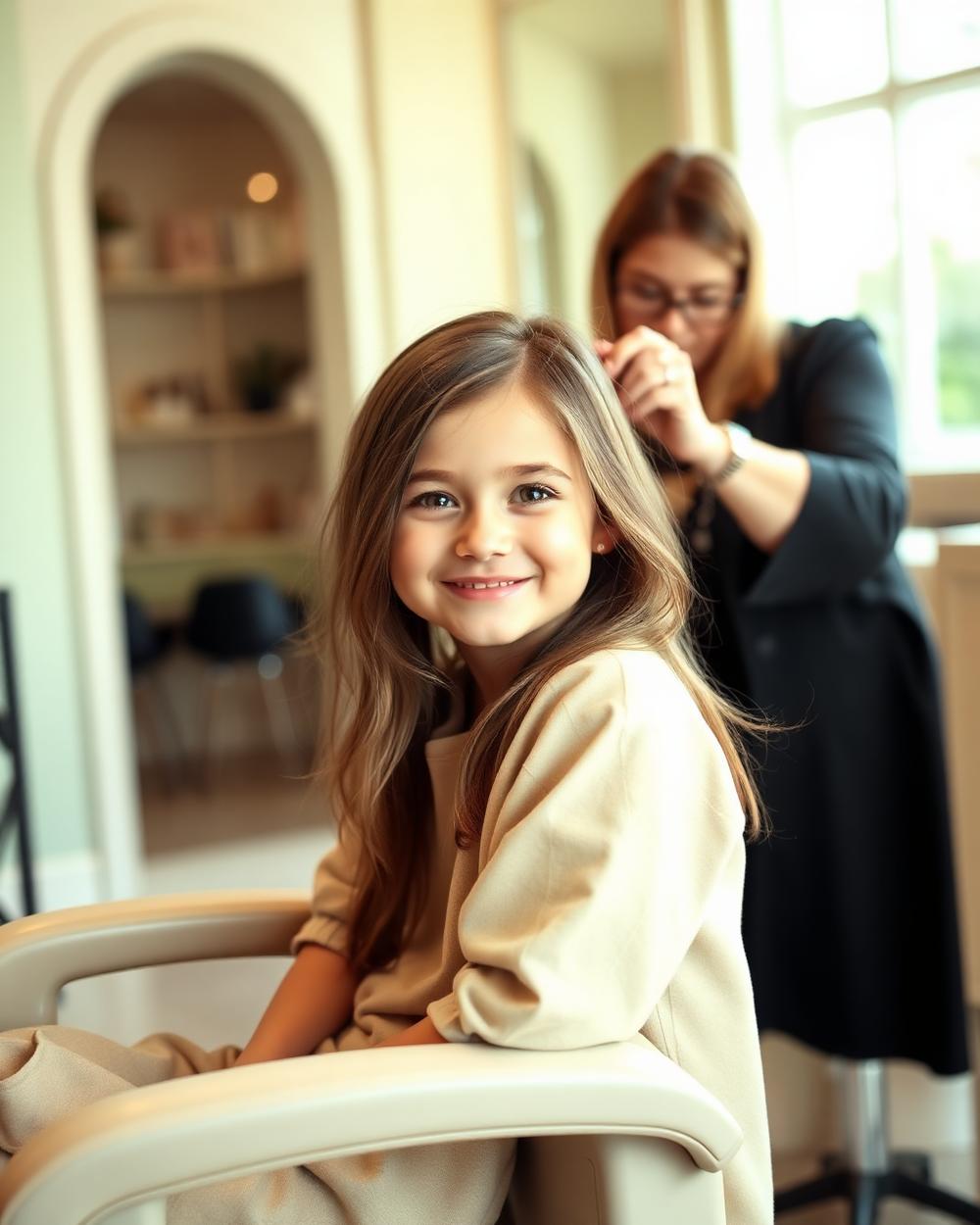 Young girl smiling in the salon chair after a children's haircut