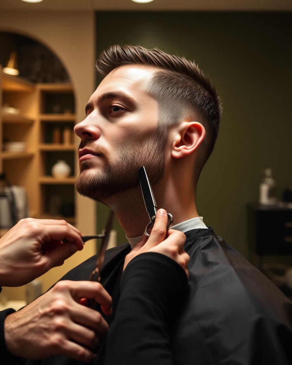 Men's precision haircut being finished at Bloom & Brush Hair Studio