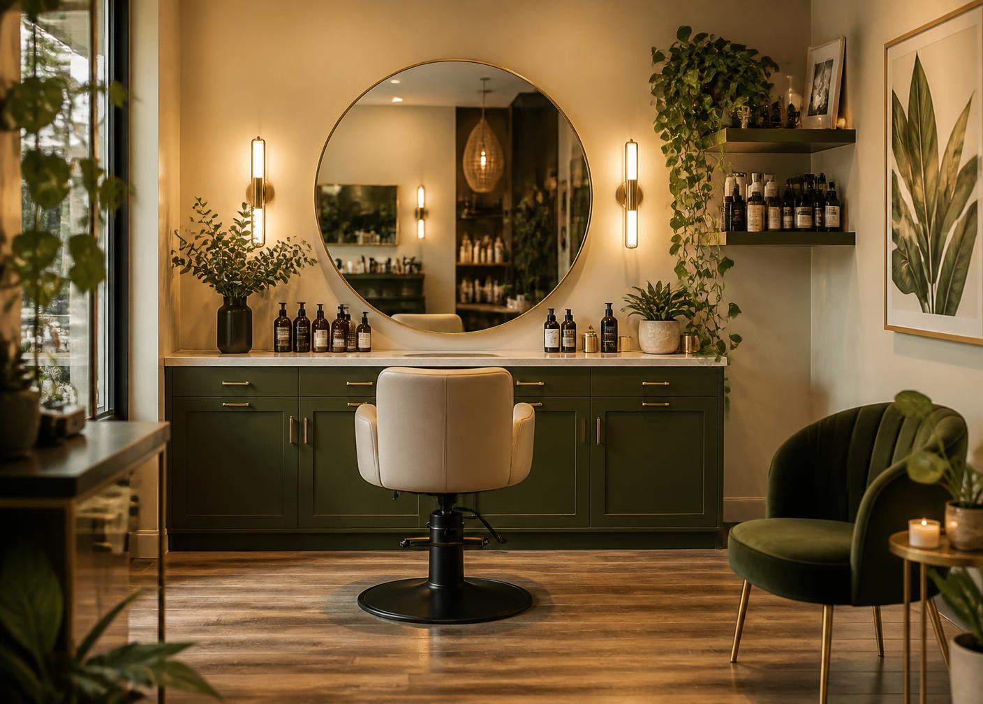 Interior of Bloom & Brush Hair Studio with botanical details and warm light